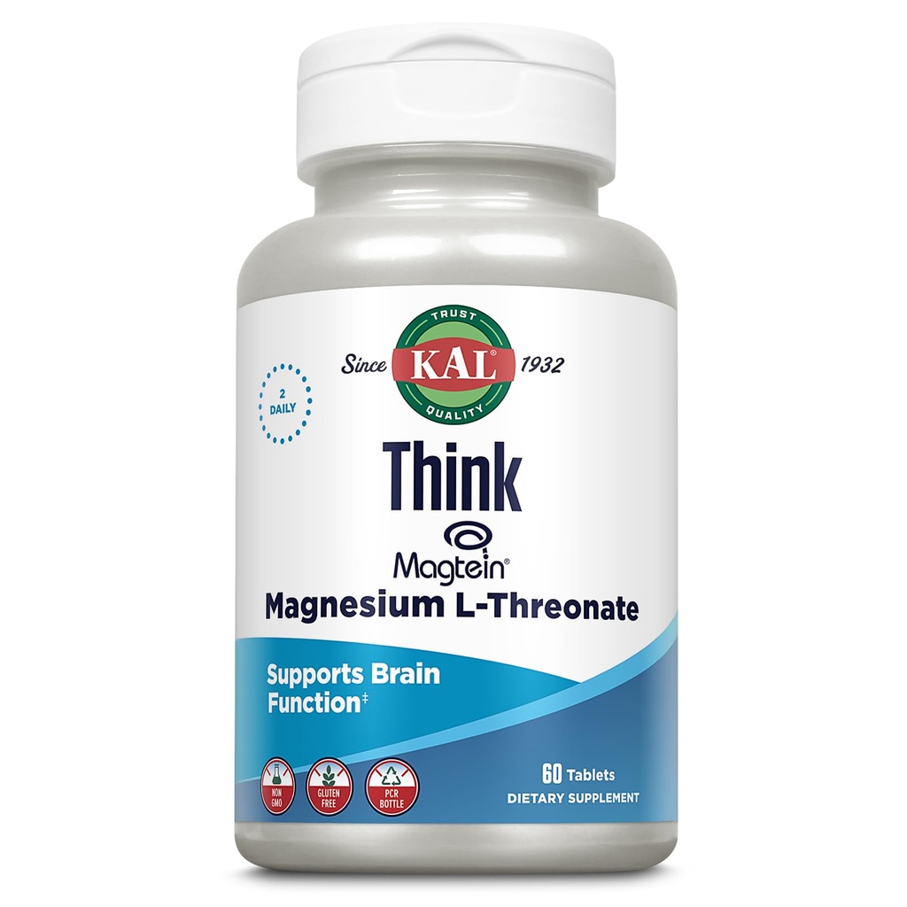 KAL Think Magnesium L-Threonate 2000 mg | 학습, 뇌 건강 및 기억 기능 지원 w/Magtein | Vegan, 글루텐 없음 & 비 GMO | 60 정제