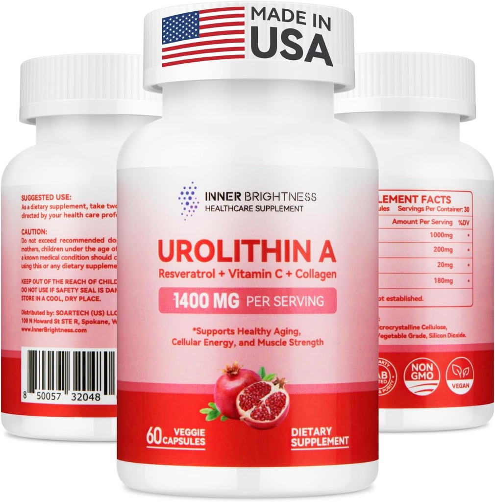 Urolithin 보충 1400 MG - 비 GMO, 글루텐 자유로운, 노화 방지, 세포 재생, 근육 힘, 내구시간 & 장수 지원, Liposomal Urolithin A, 60 조사
