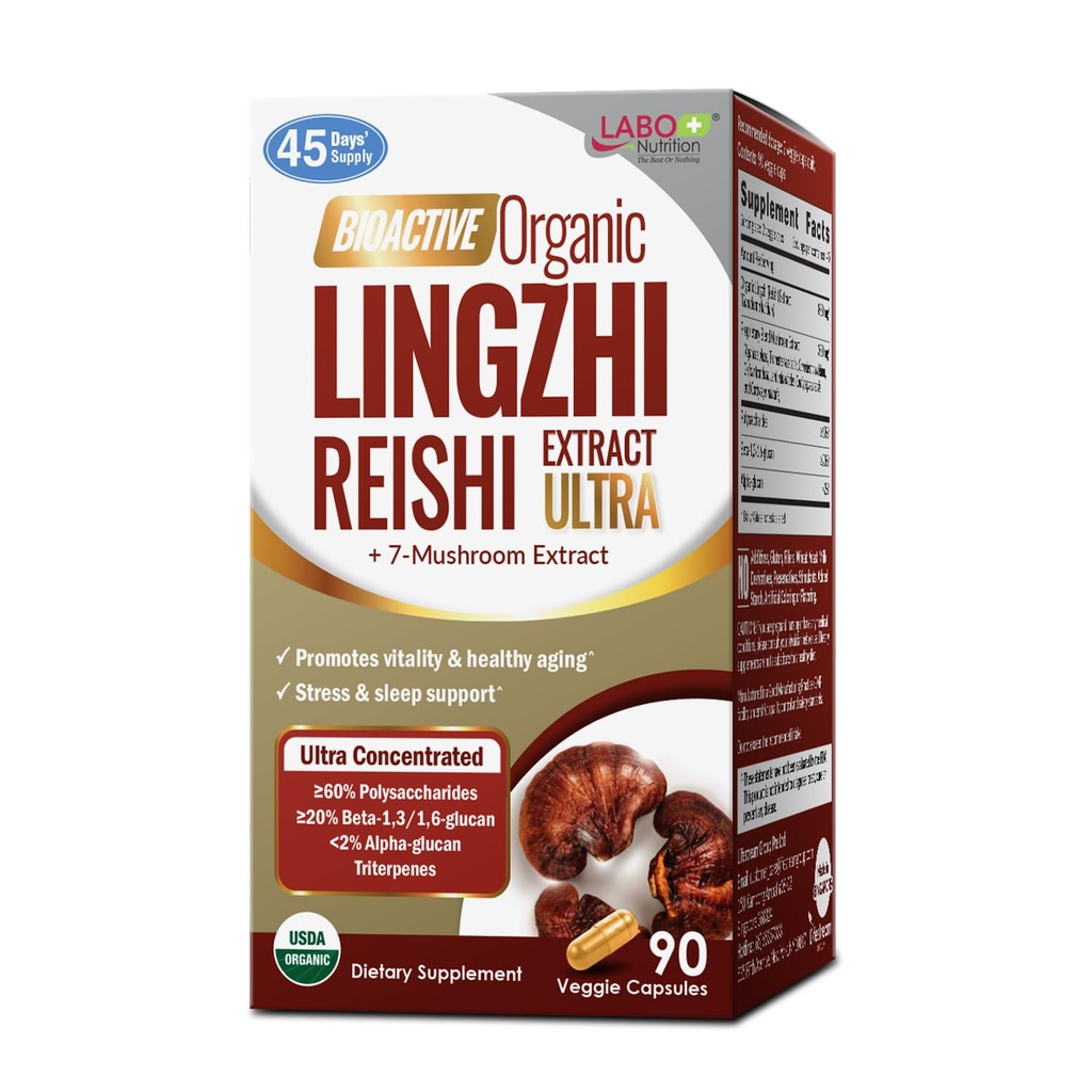LABO 영양 Bioactive Organic Lingzhi Reishi Ultra 7 버섯 추출물 보충 Reishi Cordyceps Maitake 터키 꼬리 Agaricus blazei Murill Shiitake Immune 지원, 활력, USDA 유기