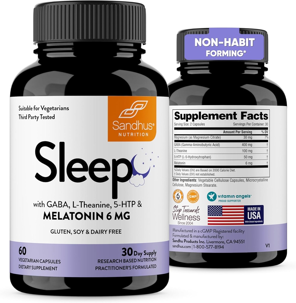Sandhu의 수면 60 캡슐 - Melatonin, Magnesium, GABA, L-Theanine & 5-HTP를 가진 5-in-1 수면 보조 보충교재를 형성하는 비 토끼