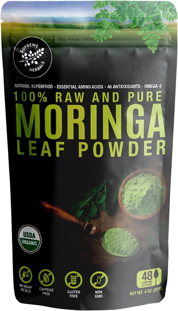 100% 익지않는과 순수한 Moringa 잎 분말. 유기 인증 Moringa 잎. 필수 아미노산, 산화제 및 오메가 3, 8개 oz Resealable 부대를 가진 자연적인 Superfood.