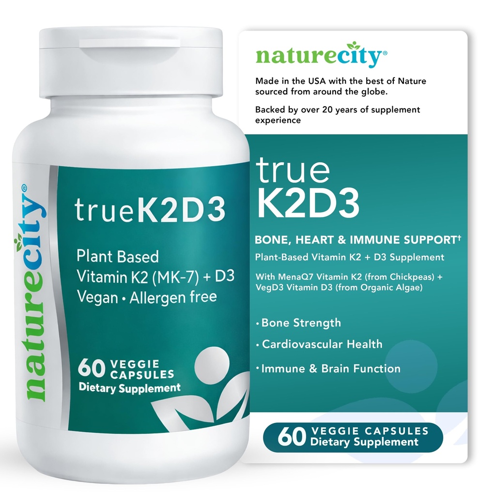 NatureCity TrueK2D3 식물 기반 비타민 K2 MK7 (90 mcg) & 조류 (2,500 IU) 2에서 1 비타민 D3 K2 보충 Bone, 심장 및 면역 건강 - 60 Veggie 캡슐