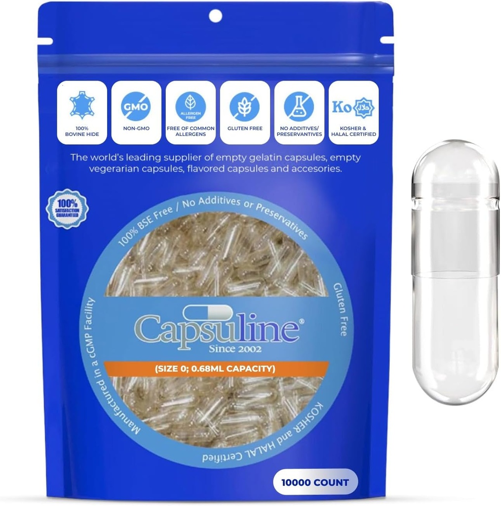 Capsuline 크기 0 빈 젤라틴 캡슐, Clear - 10000 카운트 | 글루텐 무료, 고셔, 비 GMO 인증 | DIY 보충 충전을위한 순수한 붕소 알약 캡