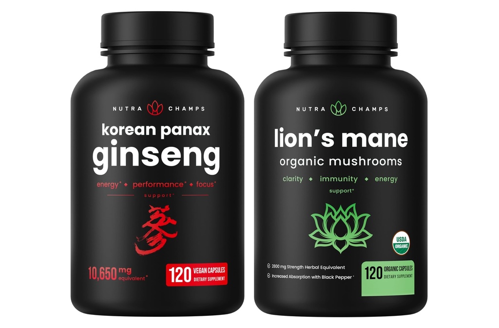 NutraChamps 한국 인삼 캡슐과 사자 Mane 캡슐 2 팩 번들