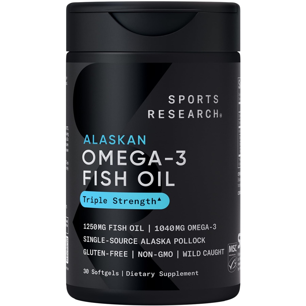 스포츠 연구 야생 알래스카 Pollock에서 트리플 강도 오메가 3 물고기 오일 1250mg - 오메가 3 EPA 및 DHA와 Burpless 물고기 오일 보충 - 지속적으로 소스, 비 GMO, 글루텐 무료 - 30 Softgels