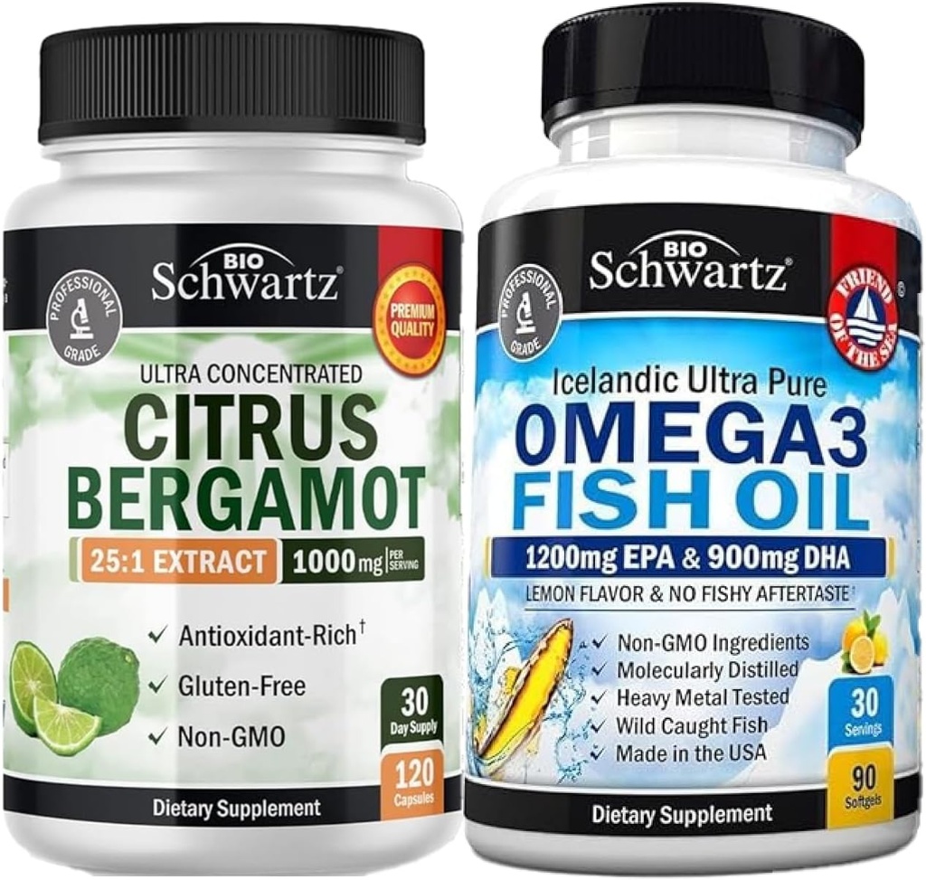 세 배 힘 Omega 3 물고기 기름 Softgels (1 달 공급) 플러스 1000mg Citrus Bergamot 보충교재 (1 달 공급)