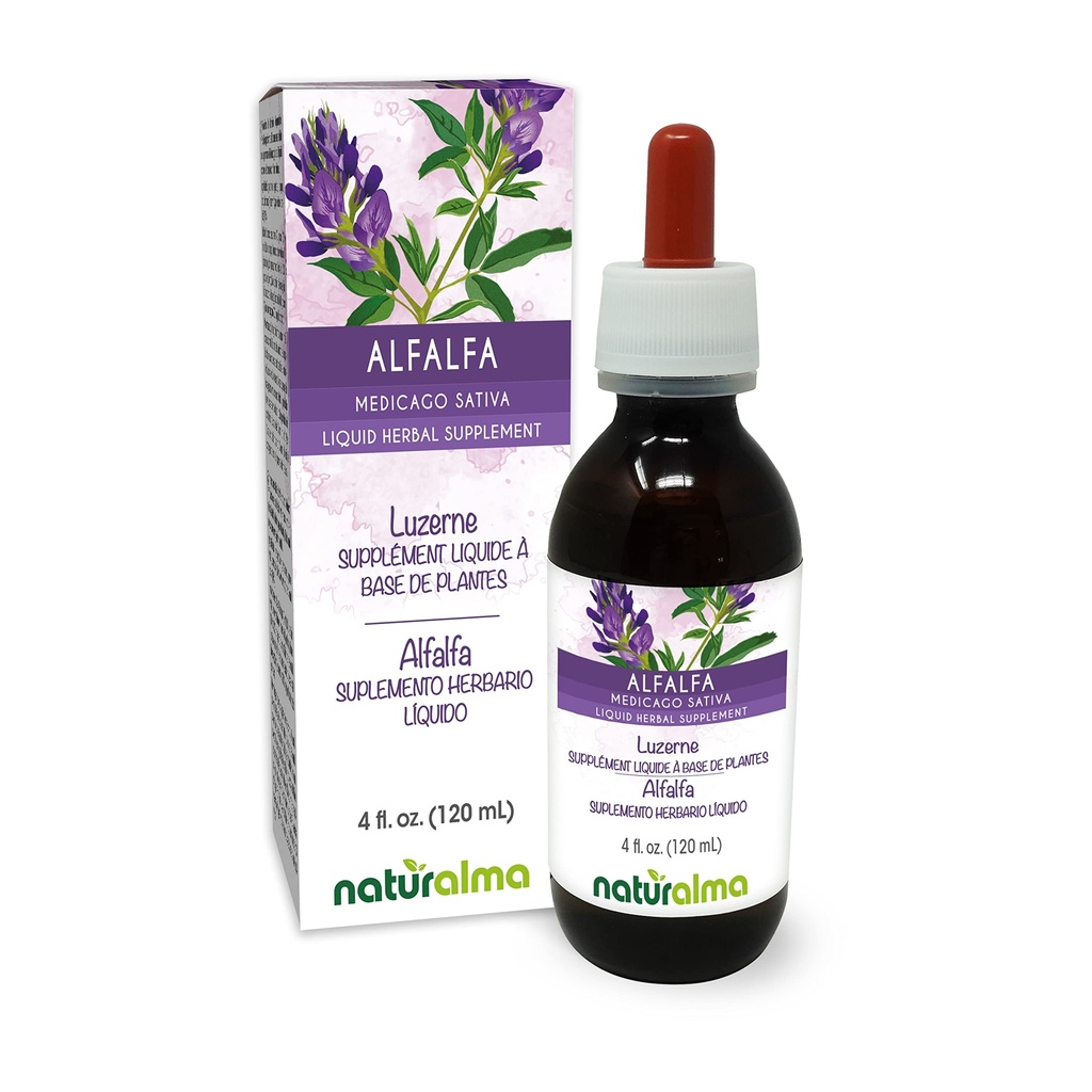Naturalma Alfalfa 또는 Lucerne (Medicago Sativa) 허브 꽃 알코올 - 무료 Tincture - 자연 엽록소의 풍부한 - 드롭에 4 fl oz 액체 추출물 - 초본 보충 - Vegan