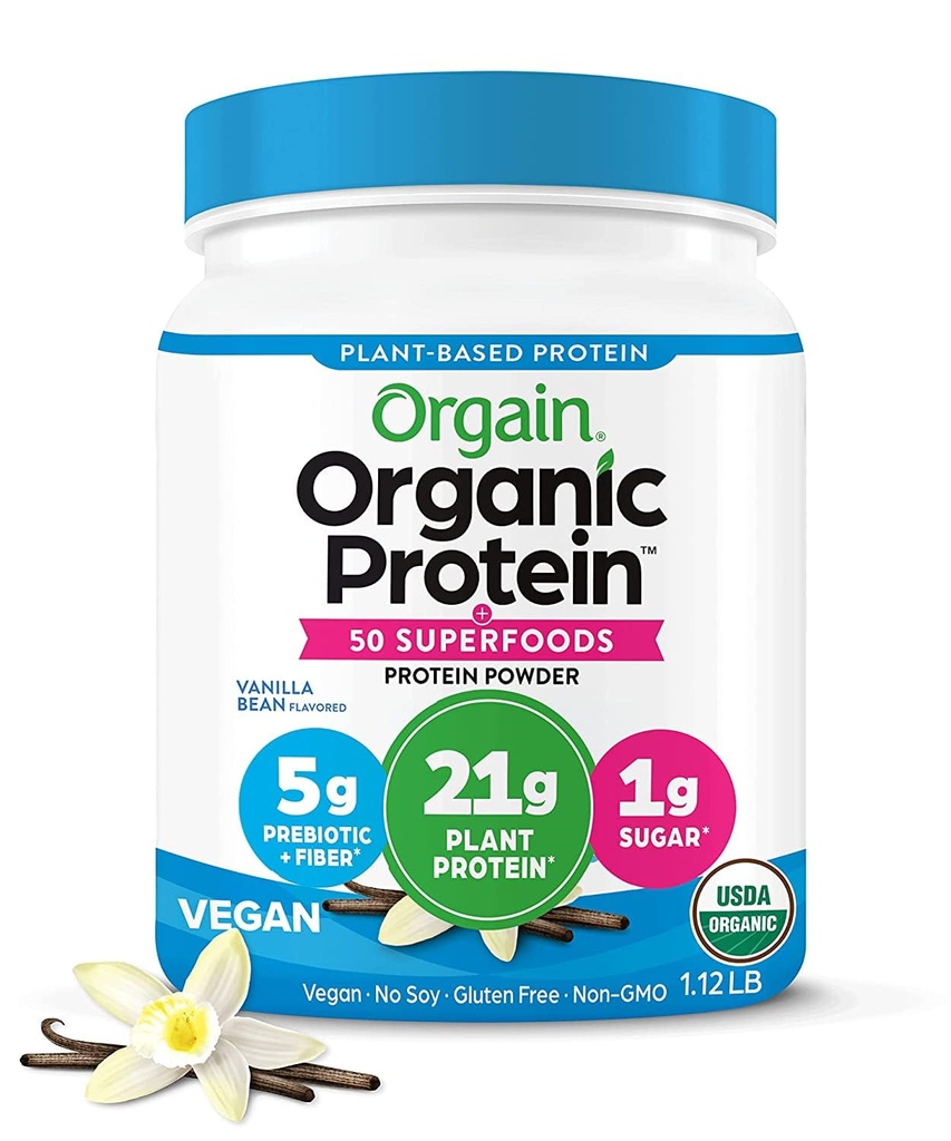 Orgain 유기 채식 단백질 + 50 Superfoods 분말, 바닐라 콩 - 21g 식물 기반 단백질, 8g Prebiotic 섬유, Lactose 성분 없음, 글루텐 무료, 추가 설탕 없음, 1.12 lb (5 월 채식)