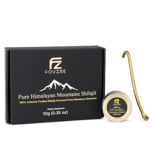 FOUZEE Pure Himalayan Mountains Shilajit - 77% + Fulvic Acid Authentic Hard Consistency, Fulvic Acid의 천연 소스, 85 Trace Minerals 이상, 스테인레스 스틸 스푼 (10 그램)