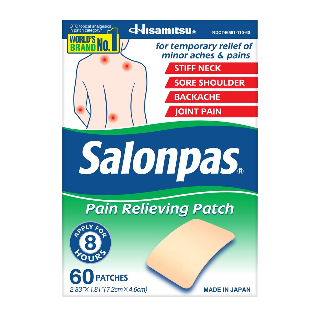 Salonpas Pain Relieving Patch for Back, 목, 어깨, 무릎 통증 및 근육 진정 - 8 시간 통증 완화 - 60 카운트