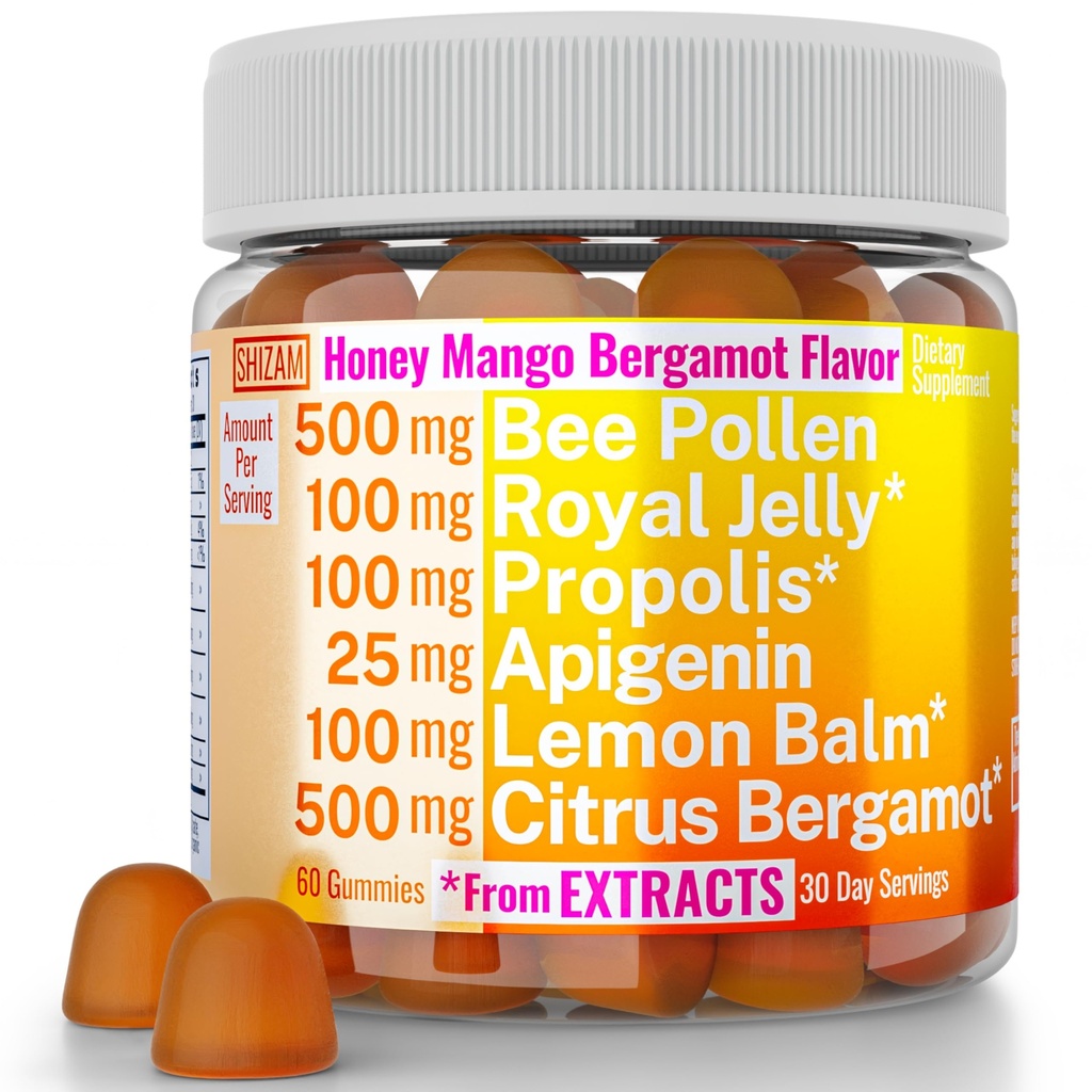 Bee Pollen Apigenin Citrus Bergamot Gummies w 유기 Propolis Royal Jelly Honey Lemon Balm Extract, Men Kids 용 보충, Tincture Drops Powder 캡슐 허브 캡슐 보충제 Alt, Pollan Polen