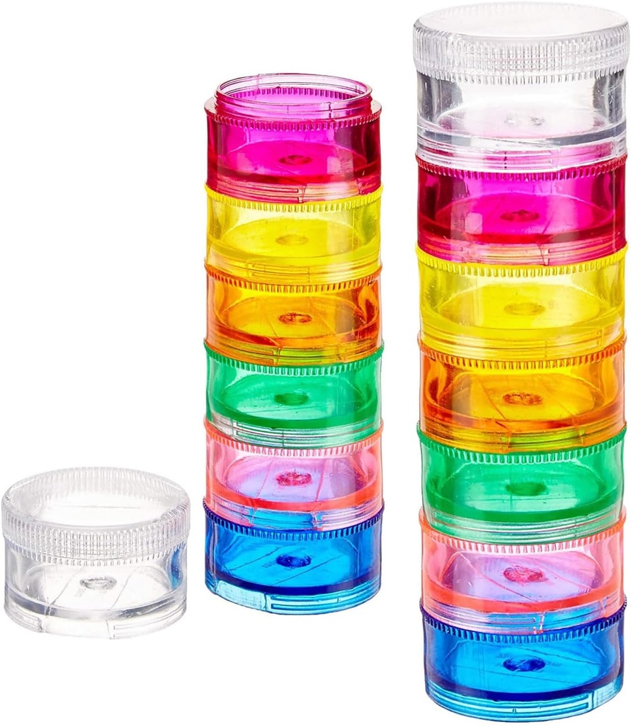 Deke Home - Stackable Pill 주최자 (2 팩), 트위스트 잠금 장치, BPA-Free, 여행 의학 홀더 및 비타민 디스펜서, 컴팩트 & 휴대용 케이스, 레인보우 색칠