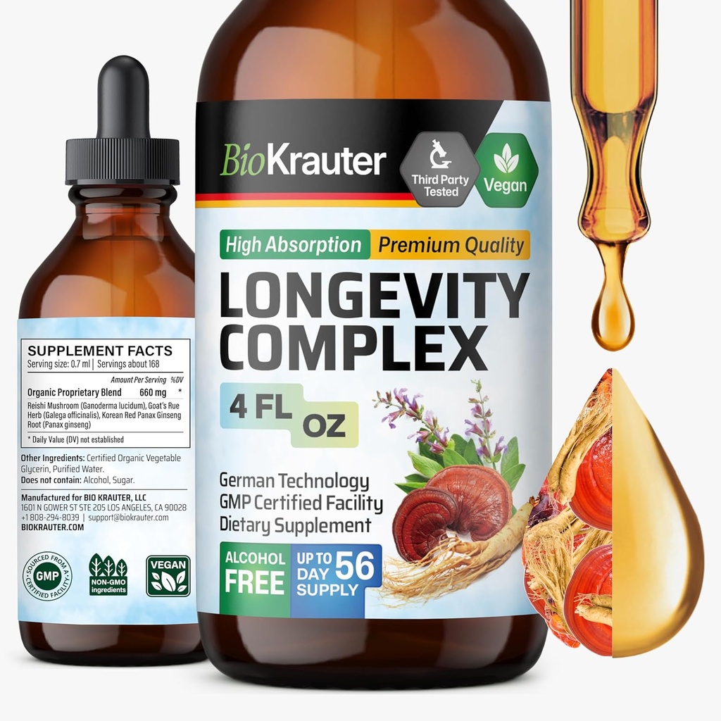 BIO KRAUTER Longevity Mushroom Supplement - 염소의 Rue & Red Ginseng 뿌리 추출물과 액체 Reishi Mushroom Complex - Vegan Tincture - 알코올 및 설탕 무료 Drops 4 Fl.Oz.