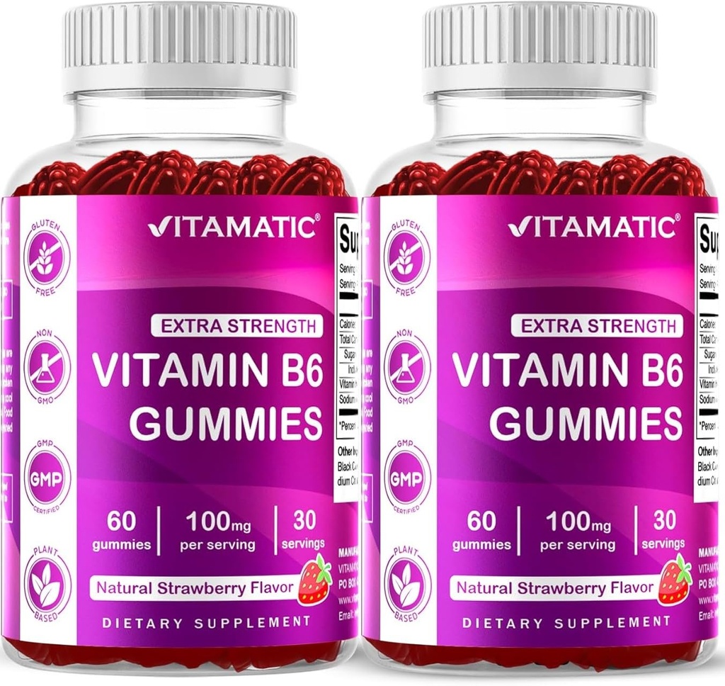 Vitamatic 2 팩 비타민 B6 100mg Gummies - 천연 딸기 맛 - 병 당 60 Pectin 기반 Gummies - 신경 시스템 및 에너지 지원
