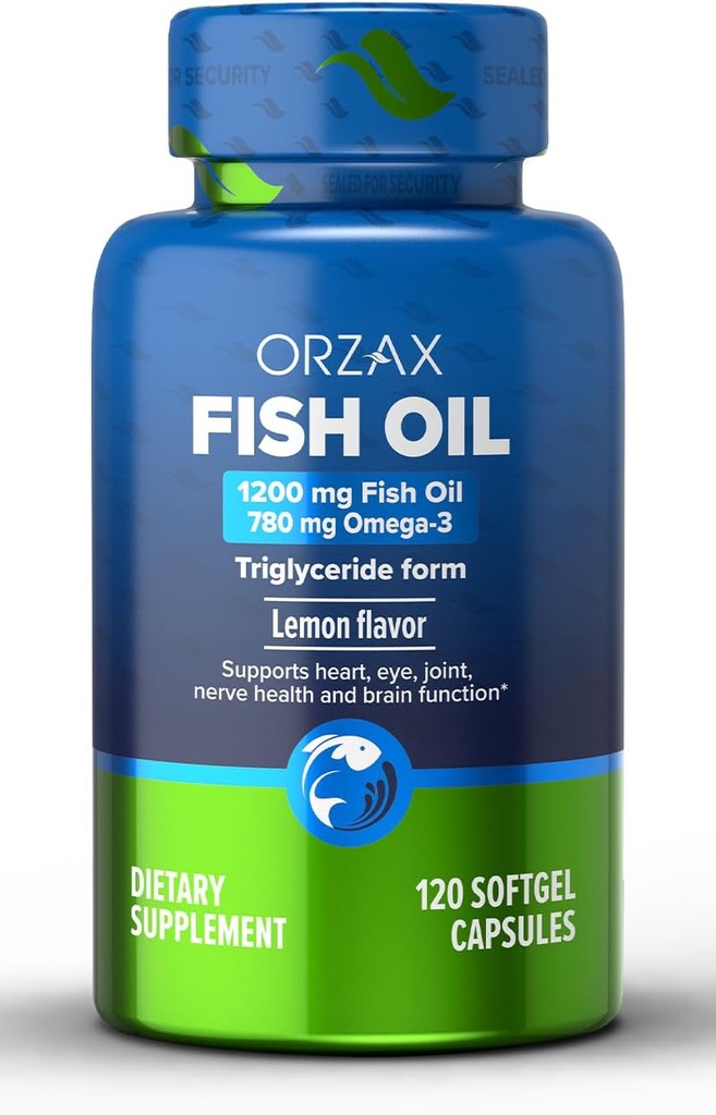 ORZAX 오메가 3 물고기 오일 1200 mg - EPA DHA 오메가 3 보충 - 심장, 눈, 관절, 신경, 면역, 면역, 뇌 및 혈액 건강을 촉진 - Burpless & 레몬 맛 - Non-GMO - 120 Softgels - 60 일 공급