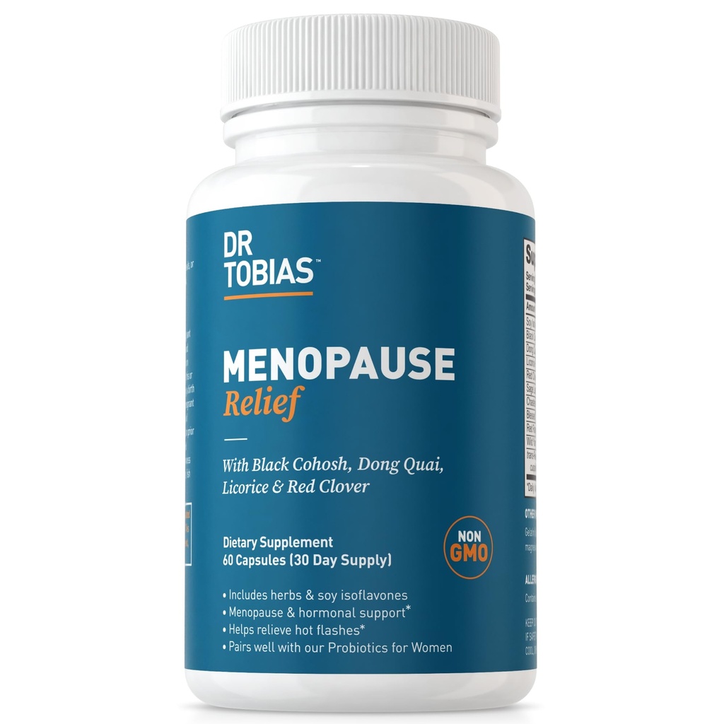 Dr. Tobias Menopause Relief with Black Cohosh, Soy Isoflavones, Don Quai, 여성을위한 뜨거운 플래시 & 야간 땀 구호, 여성용 비 GMO Menopause 보충제, 60 캡슐, 30 서빙