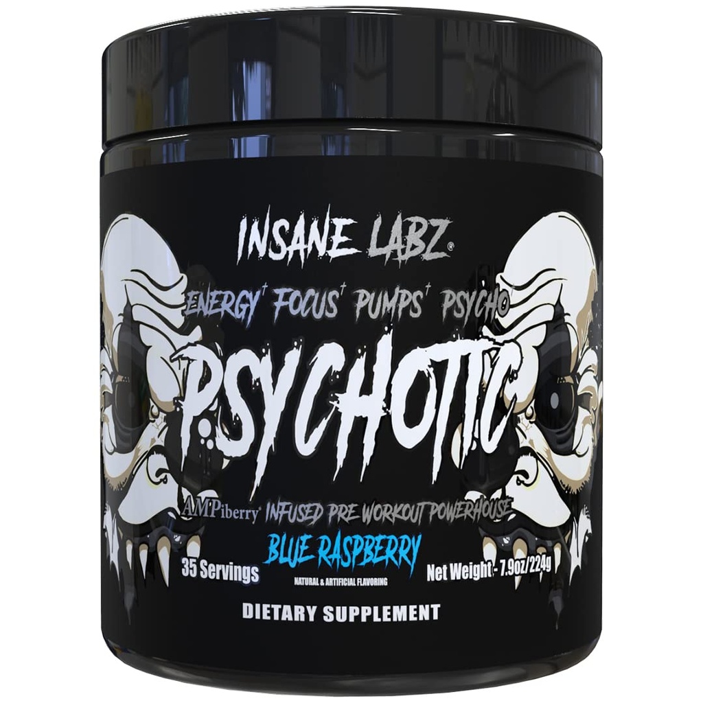 Insane Labz Psychotic Black Edition Mid Stimulant Pre Workout Powder, Energy Focus Pumps, AMPiberry, 35 서빙 (블루 라즈베리)의 Creatine Beta Alanine Taurine 연료로로드