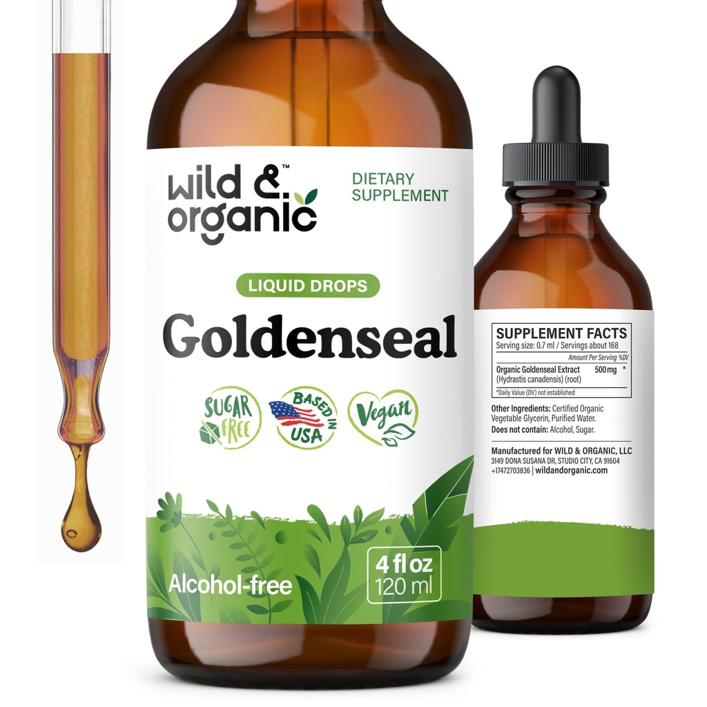 야생 & 유기 Goldenseal Tincture - Lung & Digestive 지원 - 황금 뿌리 추출물 액체 낙하 - 채식주의자, 설탕 & 알콜 자유로운 허브 보충교재 - 4개 fl oz
