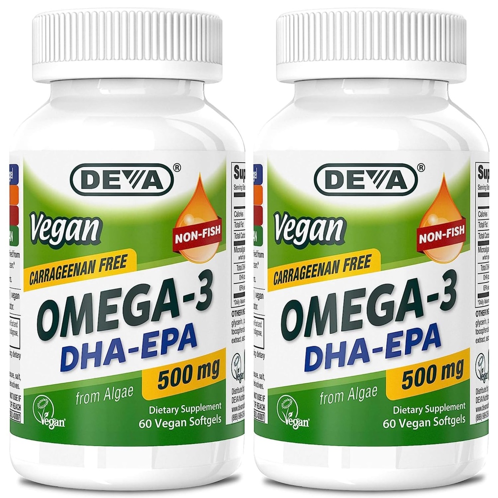 DEVA Vegan 오메가-3 DHA-EPA 500MG 2-Pack – 조류, 비 GMO, 60 Gelatin-Free Softgels Ea에서 분리되지 않는 캐비안 없음