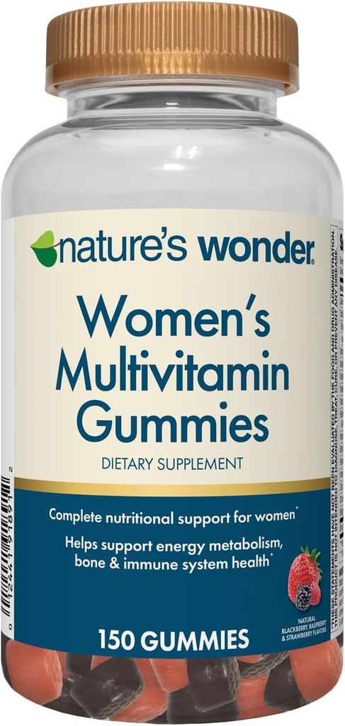 Nature's Wonder Women's Multivitamin Gummies는 비타민 A, C, D, B6, B12, Biotin, Folic 산, 75 일 공급, 150 조사를 가진 에너지, 대사, 뼈 및 면역 체계 건강을 지원합니다