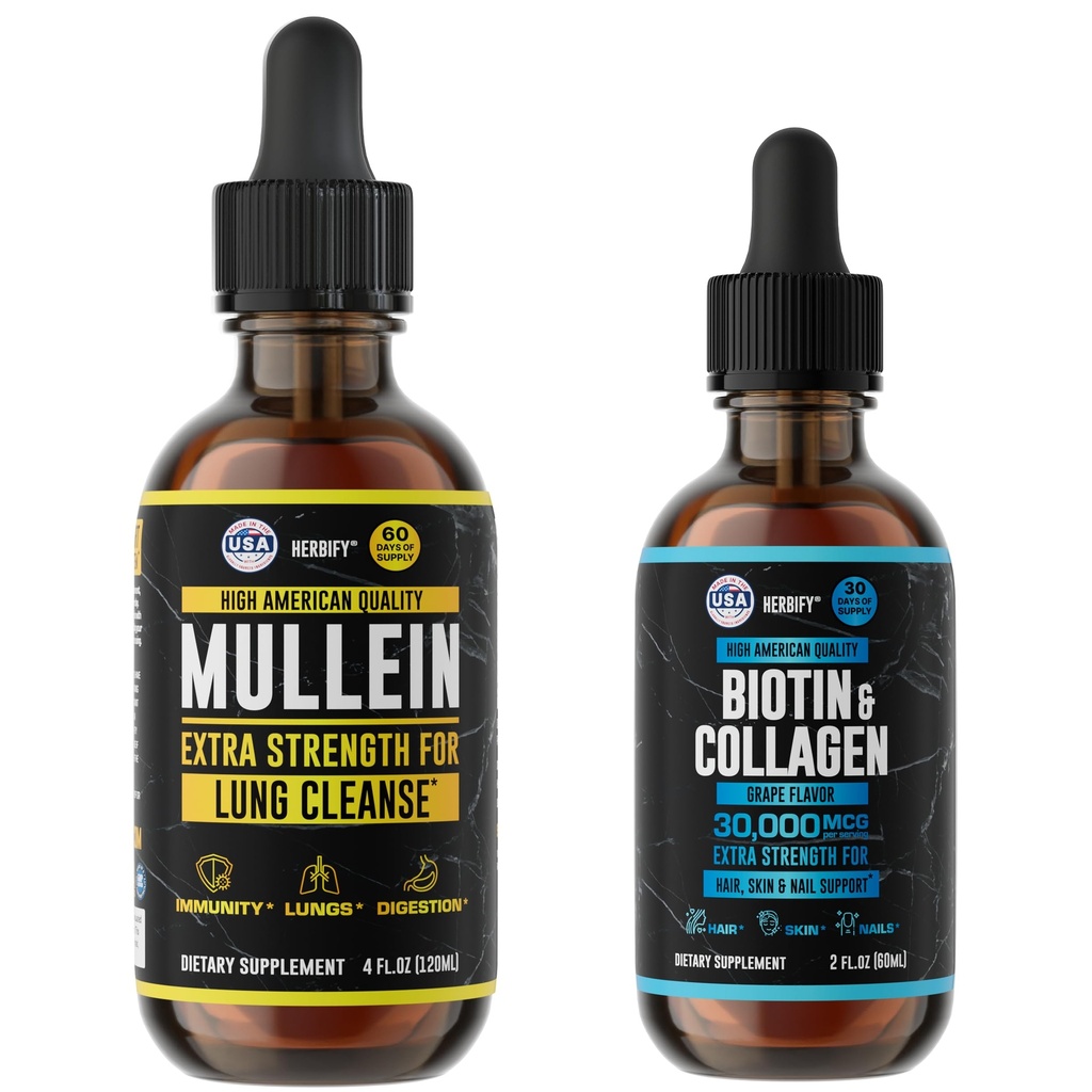 HERBIFY 번들 - Mullein 잎 추출물 & Biotin 및 교원질 - 호흡 지원 & 머리 피부 및 못 비타민 지원