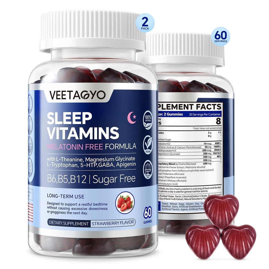 Melatonin 무료 5-HTP GABA 보충 성인 & 어린이 12 + L-Theanine, 마그네슘 글리세린, L-Tryptophan, Apigenin - 설탕 무료, Strawberry 맛, Vegan, 120 조사
