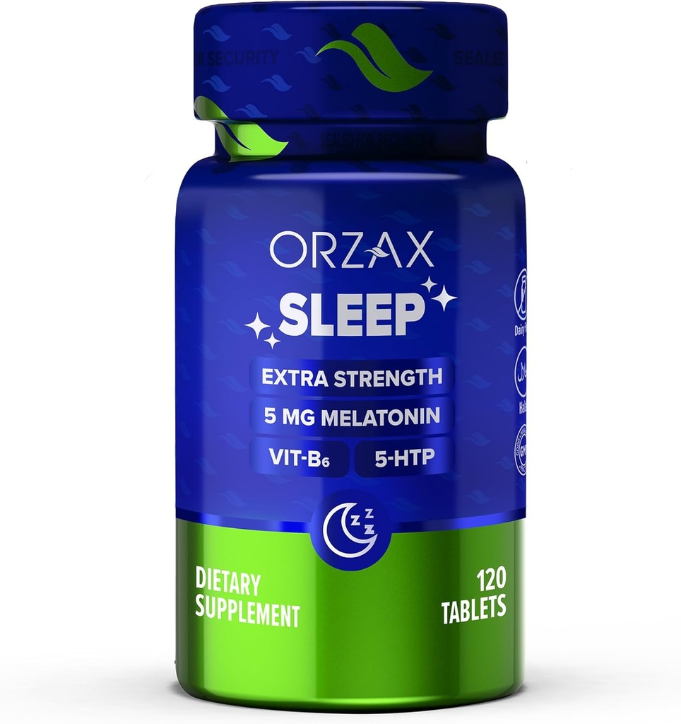 ORZAX 수면 - 멜라토닌 5 mg, 비타민 B6 및 5-HTP 보충 - 성인을위한 편안한 수면 비타민 (120 정제)