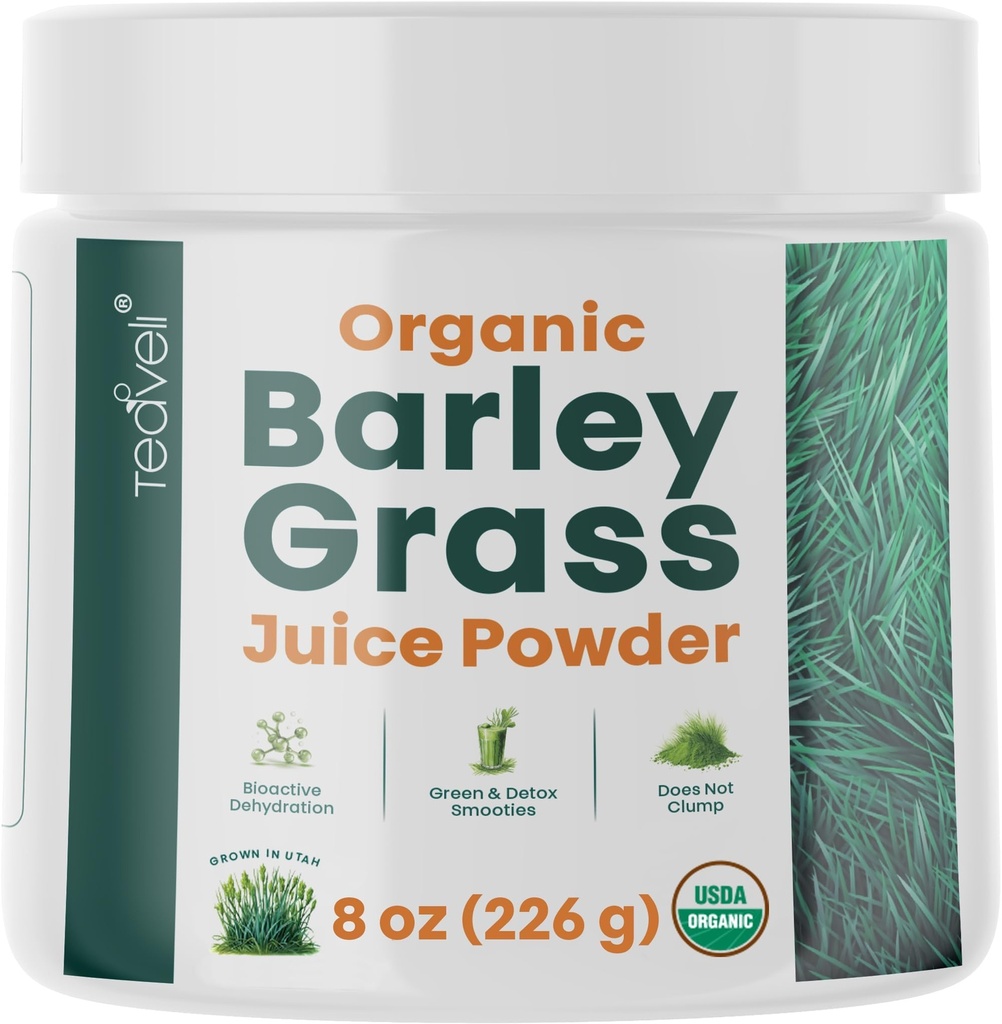 Teaveli 유기 배리 잔디 주스 분말- 익지않는, Utah는 Detox- Complements Wheatgrass 주스를 위한 배리 잔디 주스 추출물 - 글루텐 없는 미국, 첨가물 또는 보존제 8개 oz (226 그램)