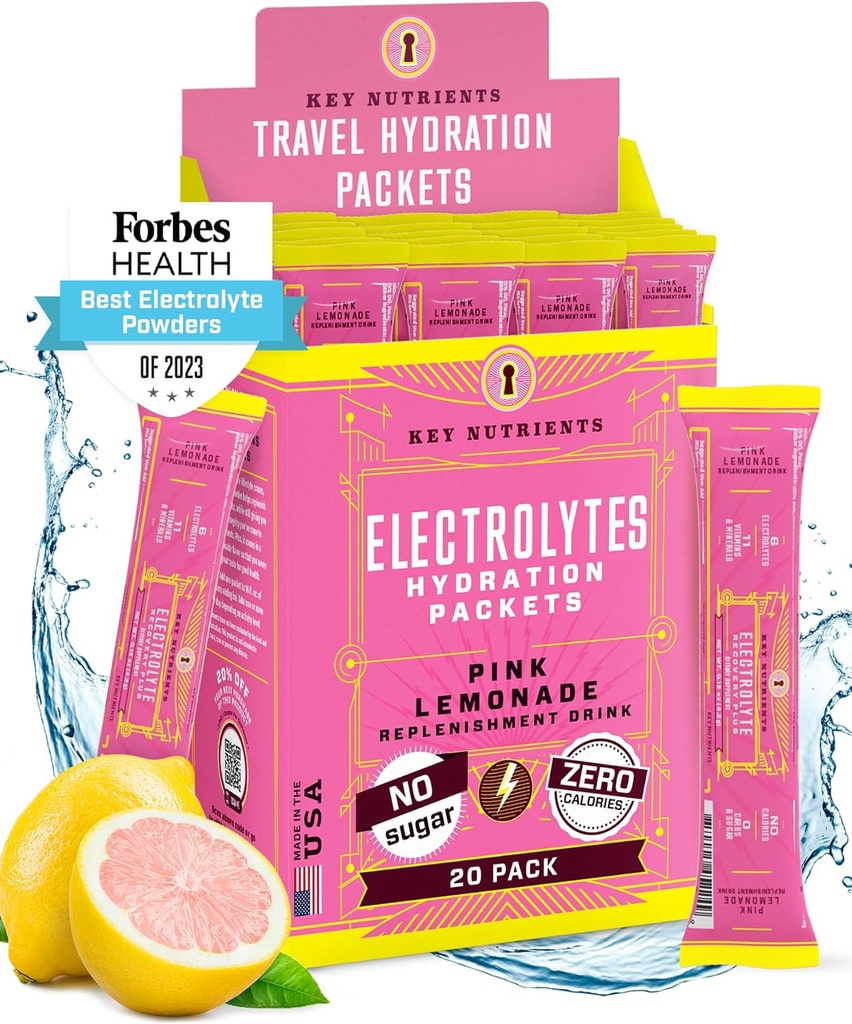 KEY NUTRIENTS Electrolytes Powder Packets - 신선한 핑크 레몬 18 팩 히드라 션 패킷 - 여행 히드라 션 파우더 - 설탕 없음, 칼로리 없음, 글루텐 무료 - 미국에서 만든