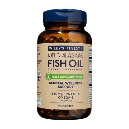 Wiley's Finest Wild Alaskan Fish Oil Easy Swallow Minis - 성인과 어린이를위한 Omega-3 Fish Oil Supplement - 이중 Strength 630mg EPA 및 DHA 천연 보충 - 240 미니 Softgels (120 서빙)