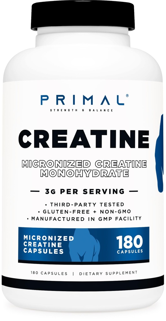Primal Creatine Monohydrate (3,000 Mg, 180 모자) - Micronized Creatine 보충교재, 캡슐 당 750mg, Preworkout와 회복을 위해 중대한 - 글루텐 자유로운, 비 GMO
