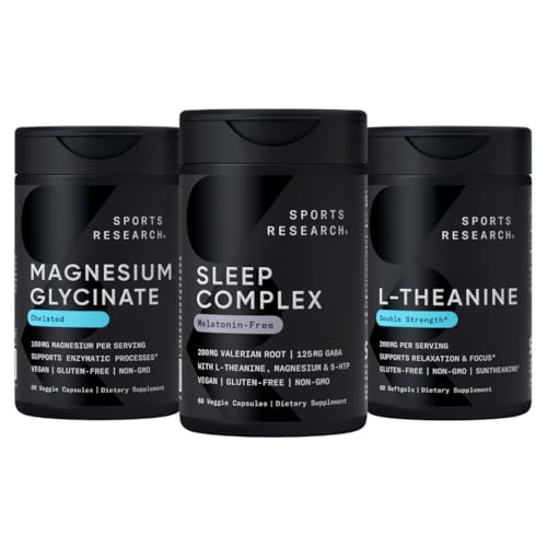 Sports Research Double Strength L-Theanine Supplement Softgels for Focus & Relaxation, Restful Sleep & Enzymatic Process + Sleep Complex Melatonin-Free Vegan 캡슐에 대한 마그네슘 글리세라이드