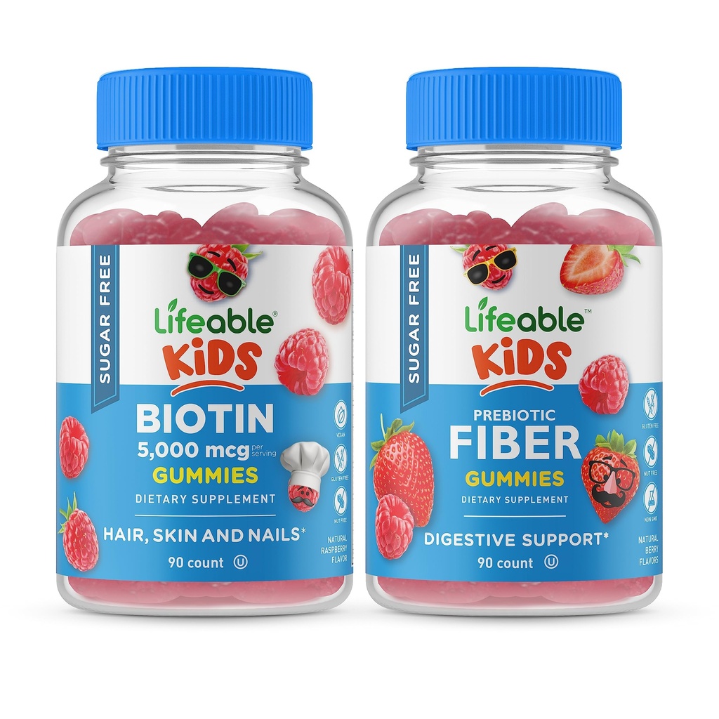 Lifeable Sugar Free Biotin Kids + Preciotic Fiber Kids, Gummies Bundle - 훌륭한 타스팅, 비타민 보충, 글루텐 무료, GMO 무료, Chewable Gummy