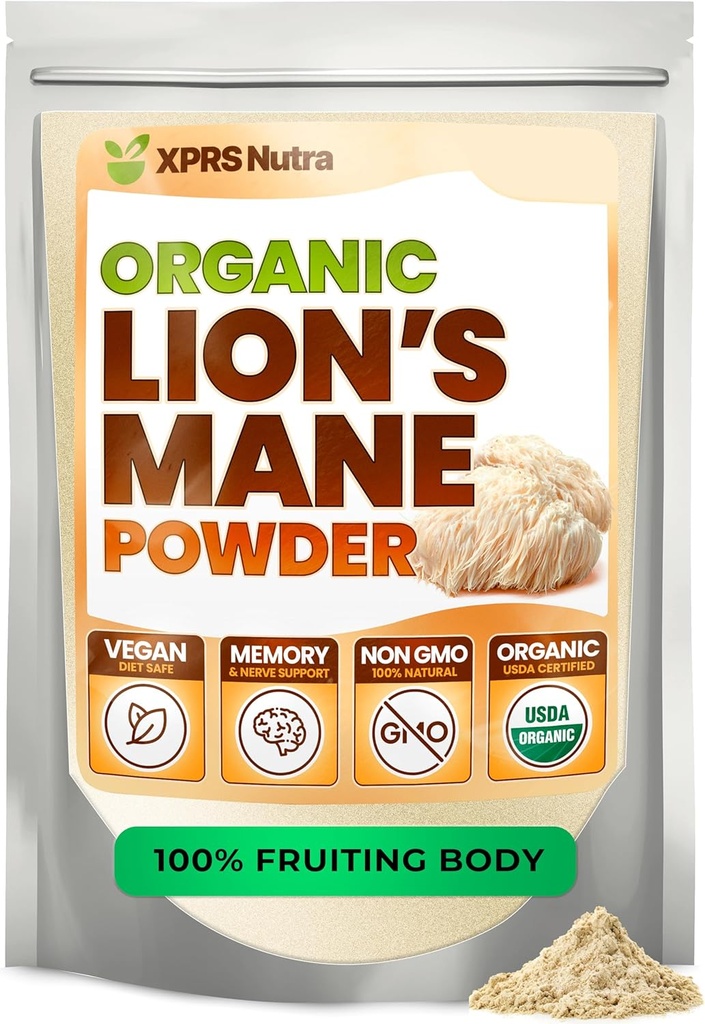 XPRS Nutra Organic Lion's Mane Mushroom Powder - Mental Clarity, Cognition 및 Immunity의 프리미엄 - Vegan Friendly (16 oz)