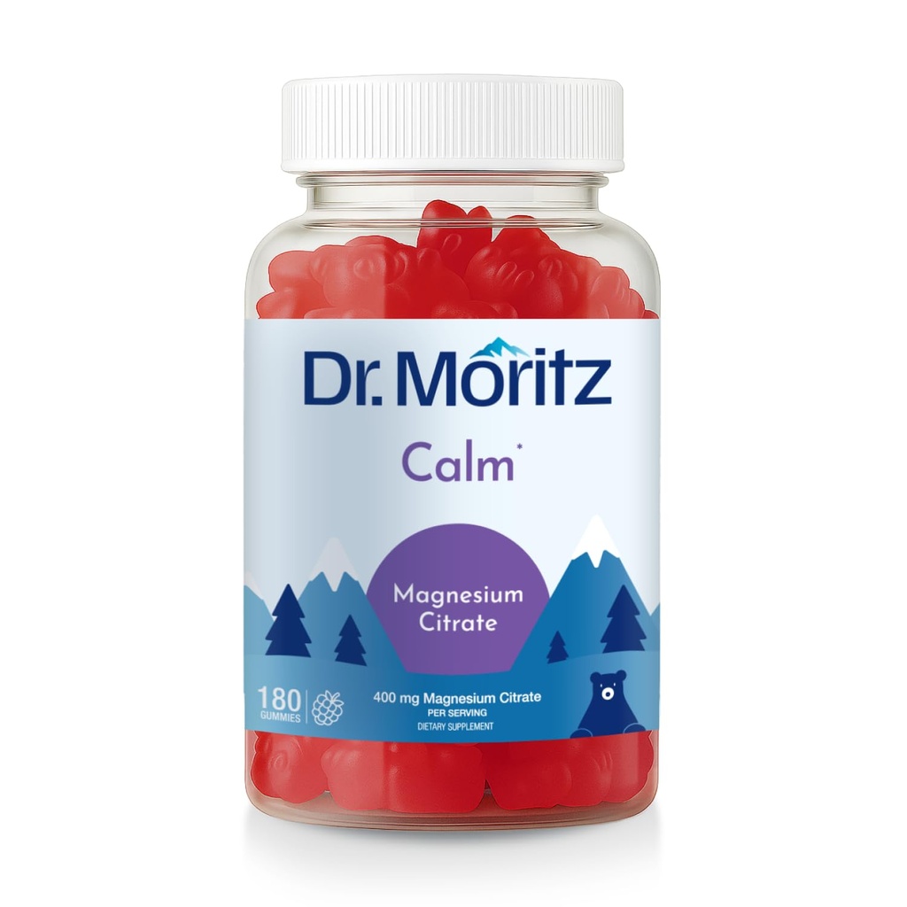 Dr. Moritz Magnesium Gummies for Adults - 저수지 400 mg - Chew Adult 및 Kids Magnesium Citrate Gummies (180 카운트) - 라즈베리 맛