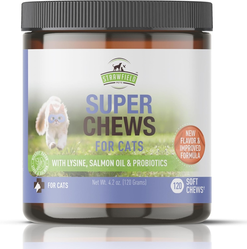 Cats - Lysine, Probiotics, Omega 3 Fish Oil (Salmon Oil), Catnip - Immune, Gut, Skin & Joint Health 지원 - 120 Hickory Bacon Salmon & Liver flavored Softchews