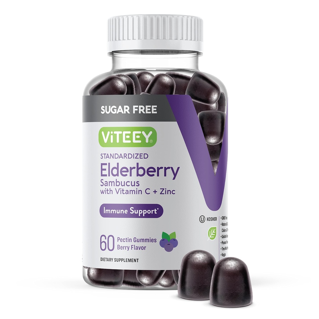 VITEEY Sambucus Elderberry Gummies 성인 & 청소년 + 아연 & 비타민 C - 설탕 무료 - 면역 지원 & 부스터 초본 보충 - Vegan, 글루텐 무료, 젤라틴 무료, GMO 무료, 체리 맛