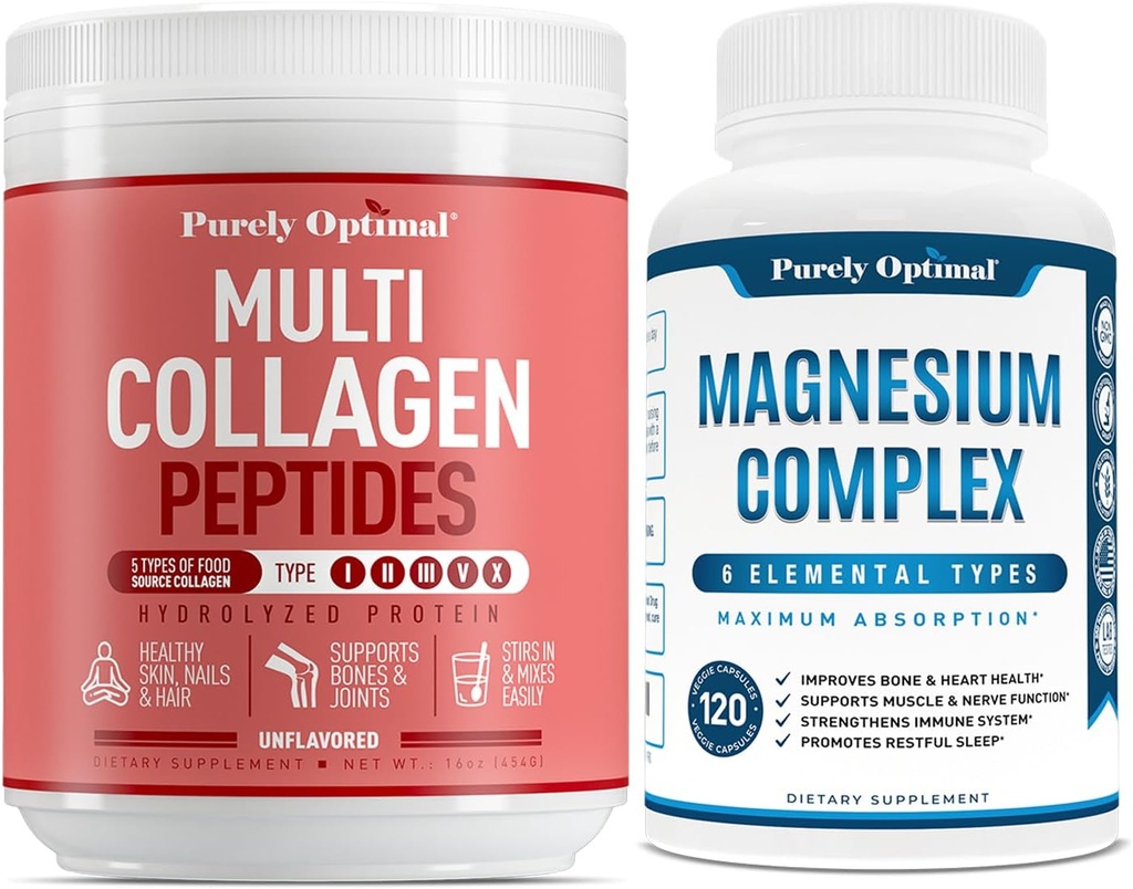 Purely Optimal Premium Multi Collagen Powder + Premium Magnesium Complex - 마그네슘 시트레이트, 말레이트, 근육 휴식 - 120 캡