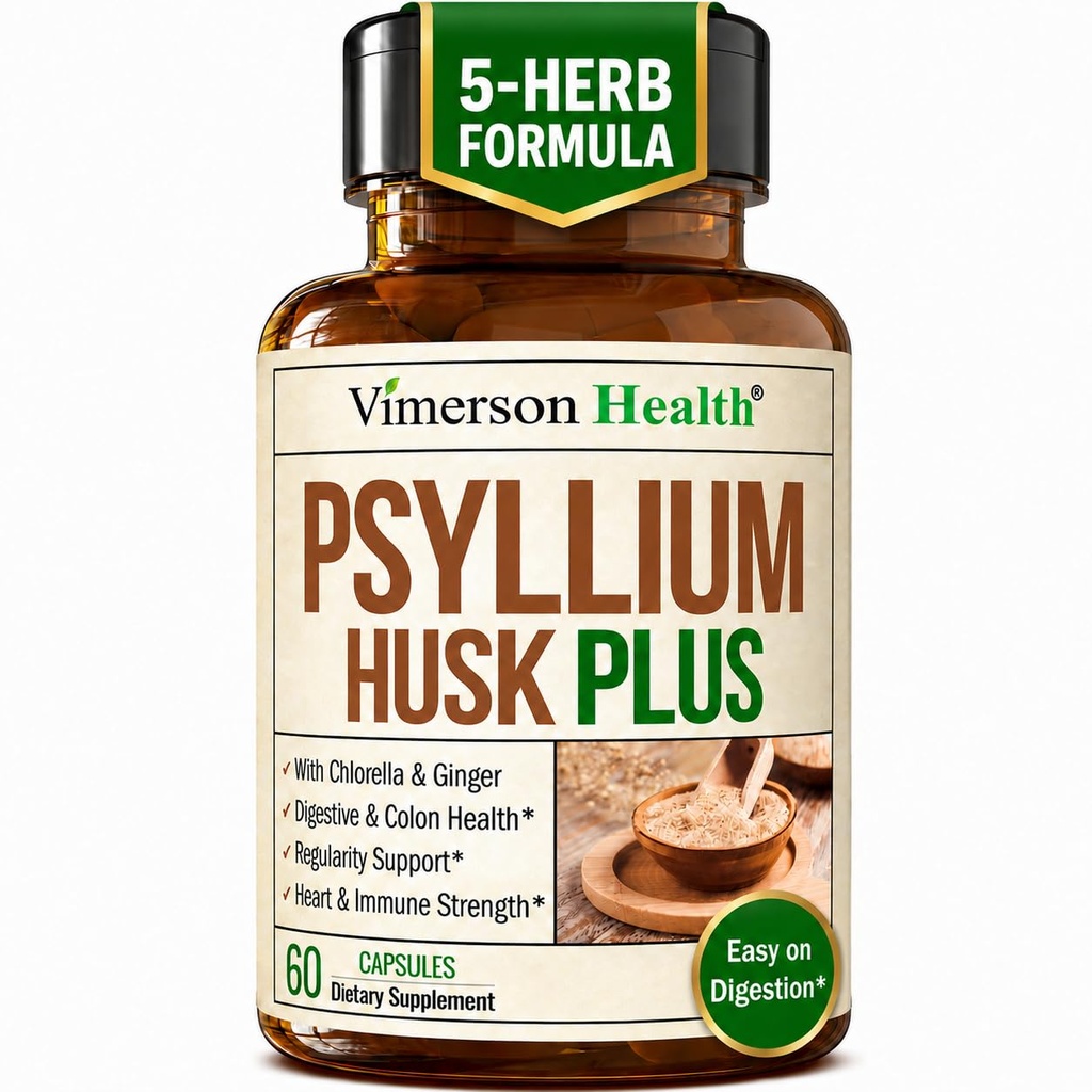 섬유 보충 1080mg Psyllium Husk 분말, 여성 및 남성, 생강 뿌리에 대한 Slippery Elm - 일반, 소화 및 Gut 건강을위한 높은 섬유 알약 - Stomach 60 Psyllium Husk 캡슐에 Gentle