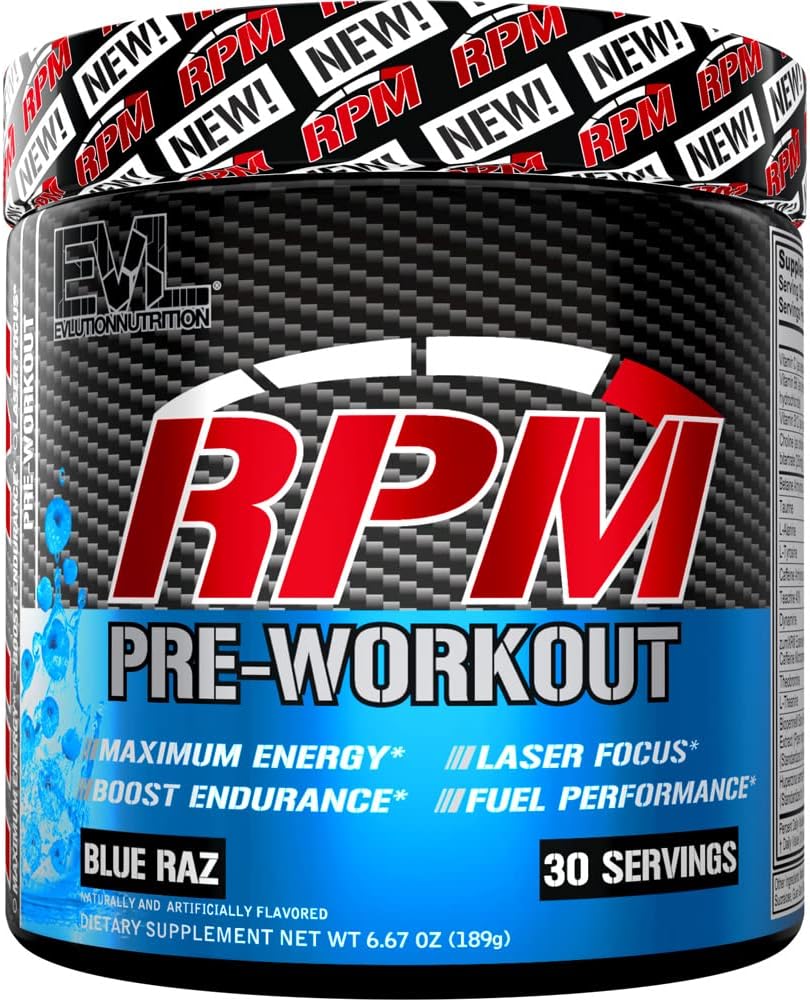 에너지 및 초점을위한 사전 운동 분말 - Betaine Alanine Caffeine 및 Theacrine이있는 EVL RPM Energy Pre Workout Energy 음료 분말 - Amplified Performance (Blue Raz) 용 Preworkout Powder 음료