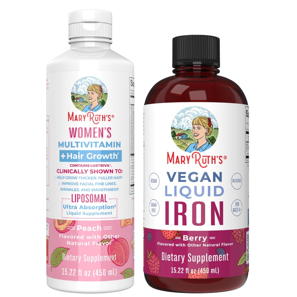 MaryRuth's Women's Multivitamin + Hair growth Liposomal (Peach) & Iron Liquid (Berry) | Clean Label Project Verified® | 뷰티, 면역력, 전반적인 건강에 대한 보충제 | Vegan, Non-GMO, 글루텐 프리