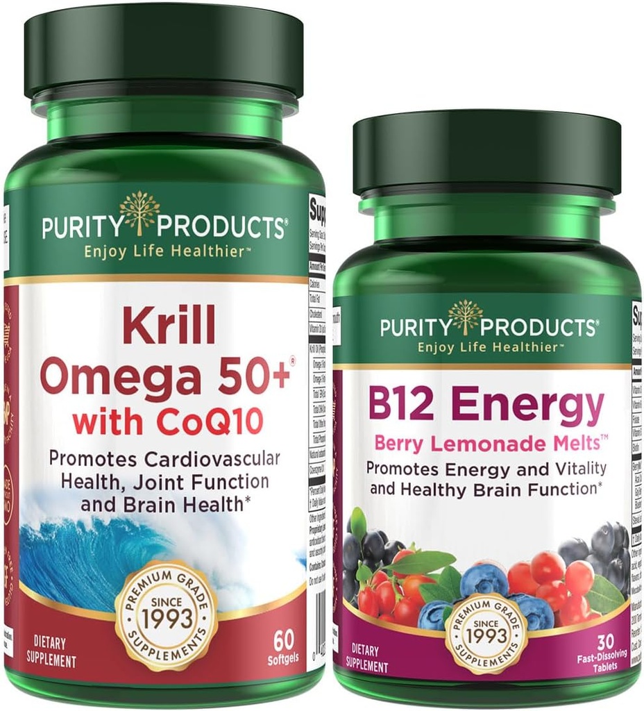 순수성 제품 뭉치 - CoQ10 + B-12 에너지 녹는을 가진 Krill Omega 50+ - CoQ10 (Krill 기름, 물고기 기름, CoQ10, 비타민 D) B-12 베리 용해 (Methylcobalamin B12 + B6 + D3 + 더 많은 것)를 가진 Krill Omega 50+