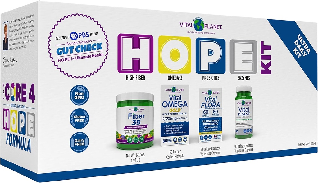 Vital Planet – Brenda Watson의 Gut Check Hope 공식 키트 - Ultra Daily Probiotic 30 Cap, Fiber 35 Powder 6.7oz, Vital Omega Oil 60 Softgels 및 Digestive Enzyme 90 Cap을 갖춘 4 제품 패키지
