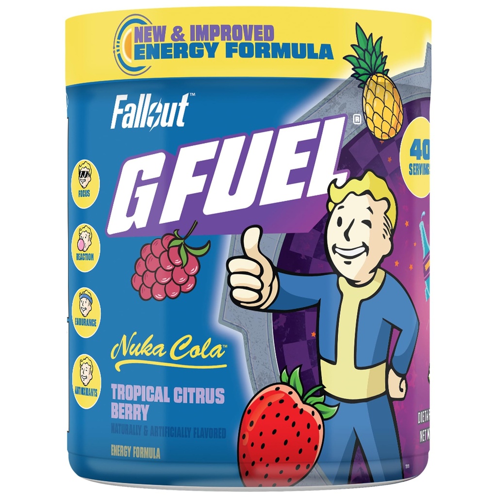 G Fuel Nuka Cola Energy Powder, Sugar Free, Clean Caffeine Focus Supplement, Water Mix, Tropical Citrus Berry 풍미, Focus Amino, 비타민 + 산화 방지제 혼합 - 9.8 oz (40 서빙)
