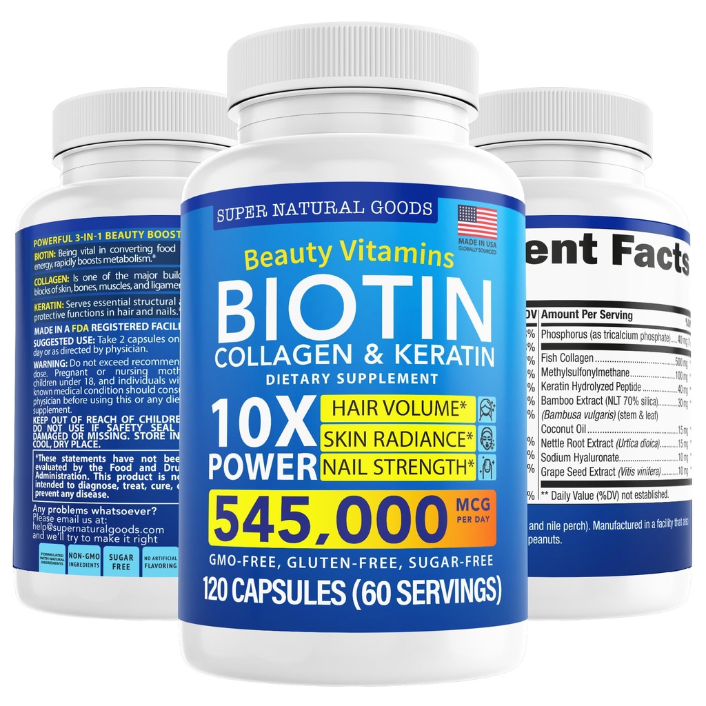 Biotin 및 Collagen Vitamins + Keratin Folate - 여성 및 남성을위한 탈모 치료 - Follicle, 피부 및 헤어 성장 및 Postpartum 지원을위한 네일 보충제 - GMO Free & Gluten Free (120 Caps)