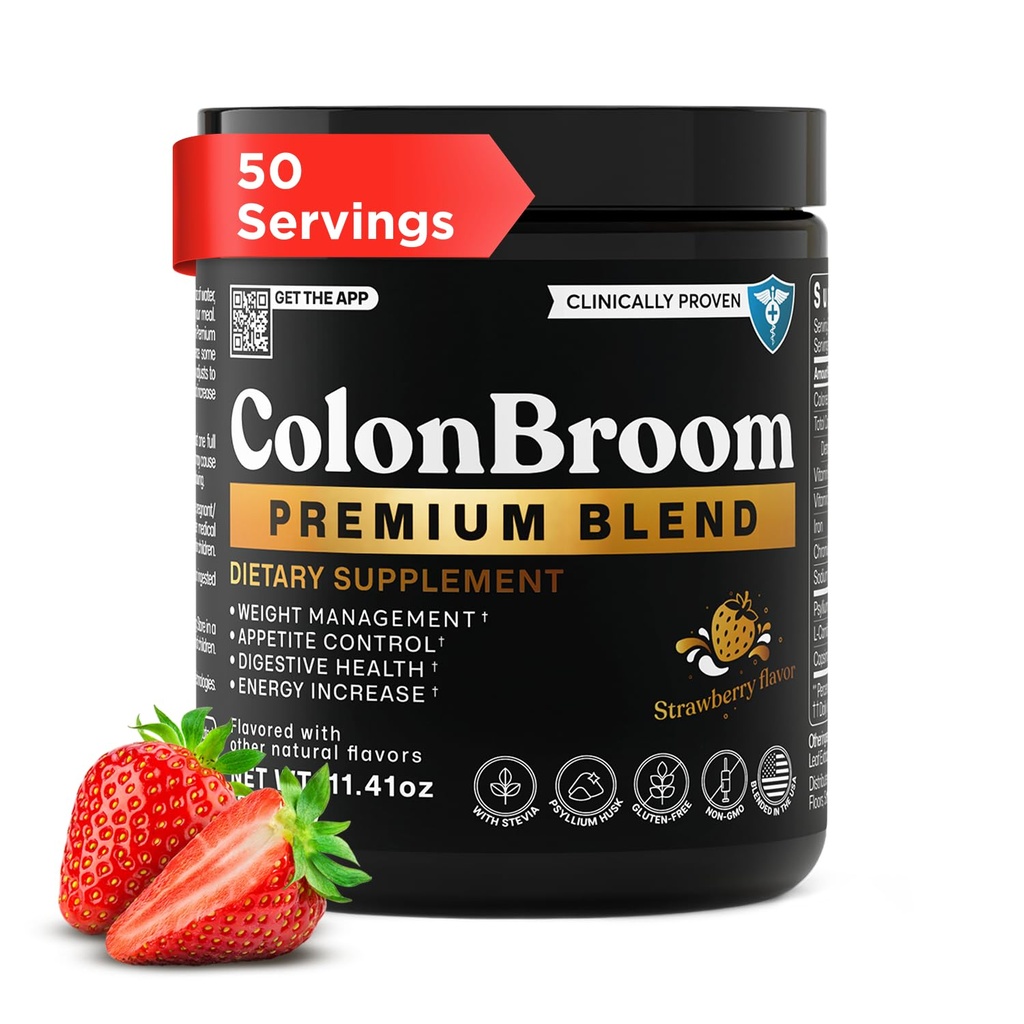 ColonBroom 프리미엄 파우더 보충 (Strawberry) - Colon Broom Psyllium Husk 섬유 분말 음료 - Gluten Free, Bloating Relief & Gut Health 용 Non-GMO Colon Cleanse, 50 서빙