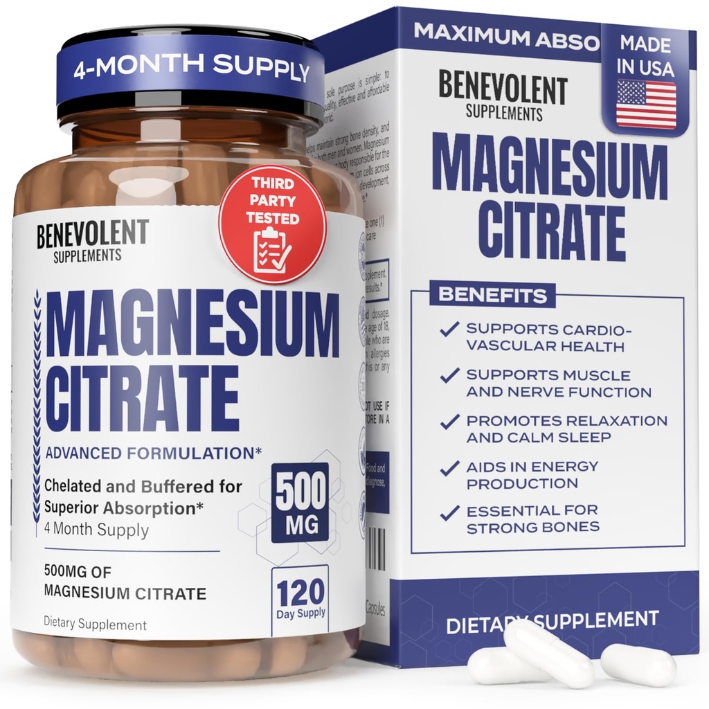 프리미엄 마그네슘 시트레이트 500mg 캡슐 (Citrato de Magnesio) 높은 흡수 수식 킬레이트 버퍼 시트레이트를 지원 소화, 뼈, 수면 및 근육 건강 - 120 캡슐