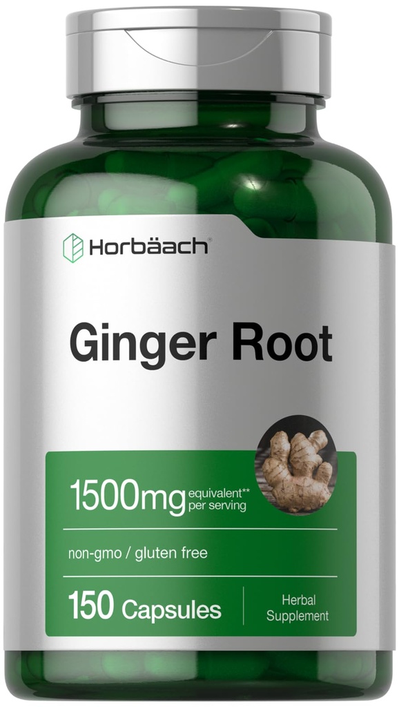 Horbäach Ginger 루트 캡슐 1500 mg | 150 알약 | Non-GMO, 글루텐 무료 | 생강 뿌리 추출물