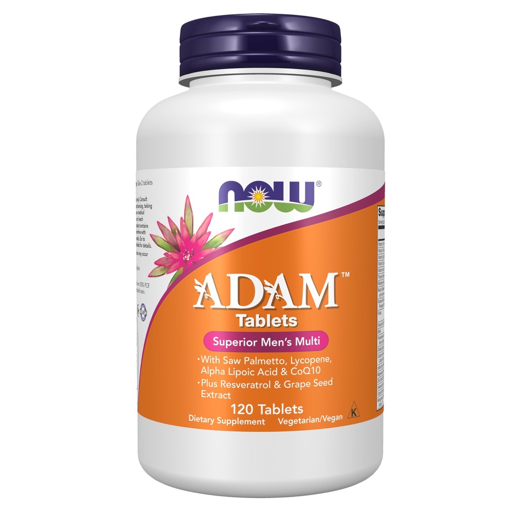 NOW 식품 보충제, ADAMTM 남성 멀티 비타민은 Saw Palmetto, Lycopene, Alpha Lipoic Acid 및 CoQ10, Plus Natural Resveratrol & Grape Seed Extract, 120 정제로