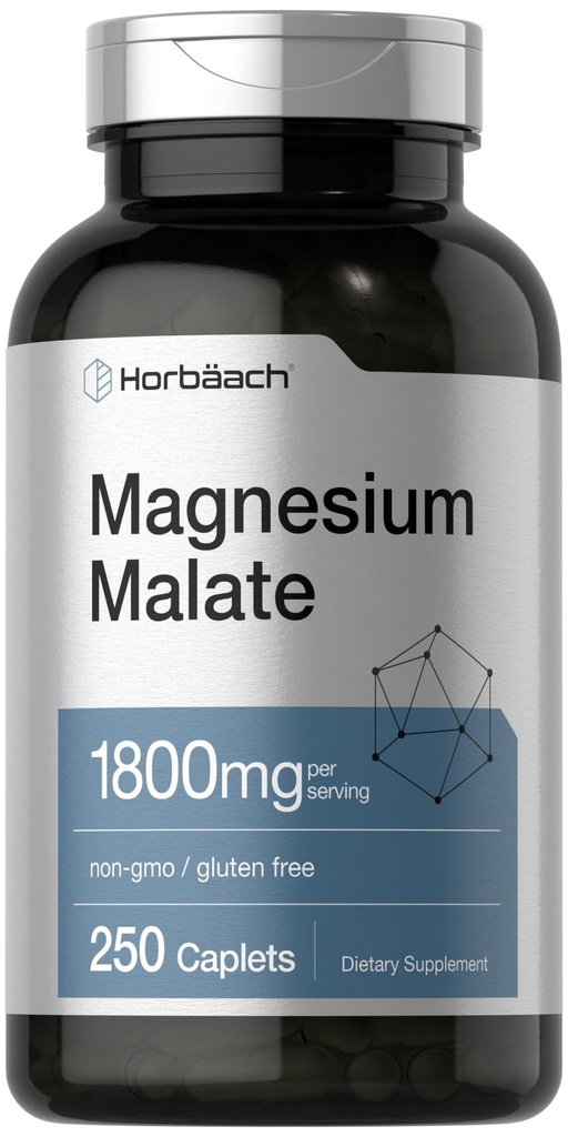 Horbäach Magnesium Malate | 1800mg | 250 코팅 캡릿 | 채식주의자, 비 GMO, 글루텐 무료 보충